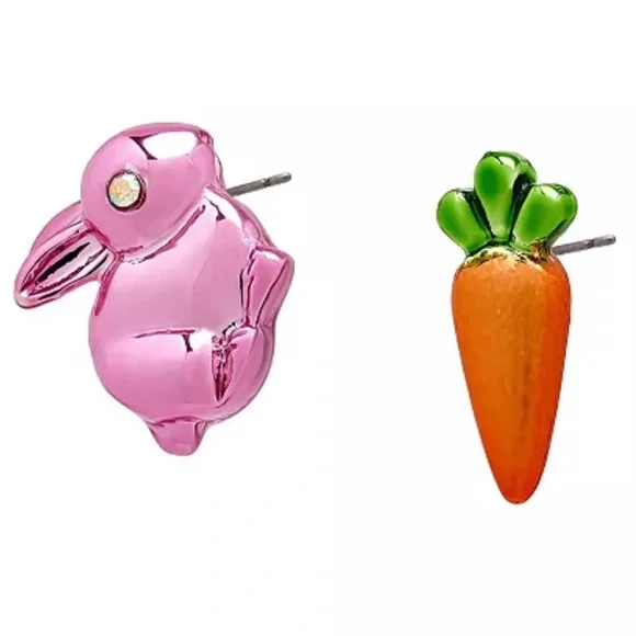 New Betsey Johnson Faux Stone Spring Bunny Carrot Mismatch Stud Earrings - Picture 3 of 9